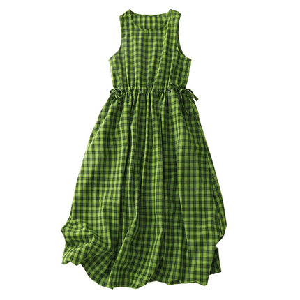 Real Shot of Cotton and Linen Green Plaid Fresh and White Sleeveless Waist Drawstring Summer Dress Literary Skirt Travel Skirt