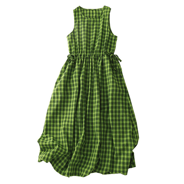 Real Shot of Cotton and Linen Green Plaid Fresh and White Sleeveless Waist Drawstring Summer Dress Literary Skirt Travel Skirt
