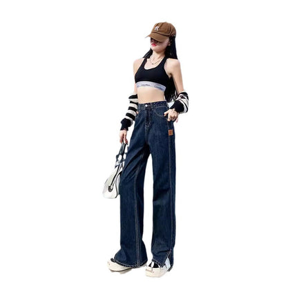 Blue Gray Split Wide Leg Jeans Women's Autumn 2024 New High Waist Design Sense Straight Loose Mop Pants