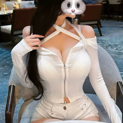 New Product from Dongdaemun, South Korea, Pure Korean Girl~Pure Desire Low-Cut Strappy Off-Shoulder Halterneck Cardigan