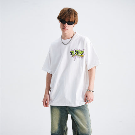 LawFoo national fashion American retro heavy 285g cotton cartoon mouse print loose version couple T-shirt fashion