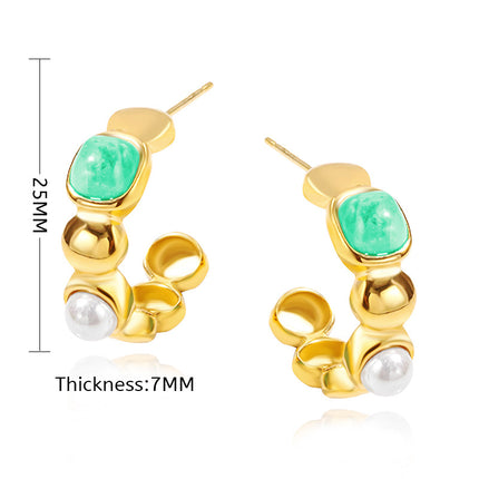 C-Shaped Pearl and Agate Stud Earrings Made in Guangzhou, Titanium Steel Personalized Design, Trendy Stainless Steel Earrings for Cross-Border Markets