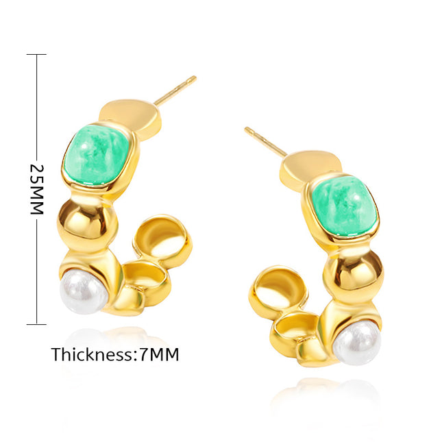 C-Shaped Pearl and Agate Stud Earrings Made in Guangzhou, Titanium Steel Personalized Design, Trendy Stainless Steel Earrings for Cross-Border Markets