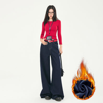 dark blue Wide Leg Jeans Women's Autumn and Winter 2024 New fleece-lined Straight Tube Loose High Waist Dipped Slim Mop