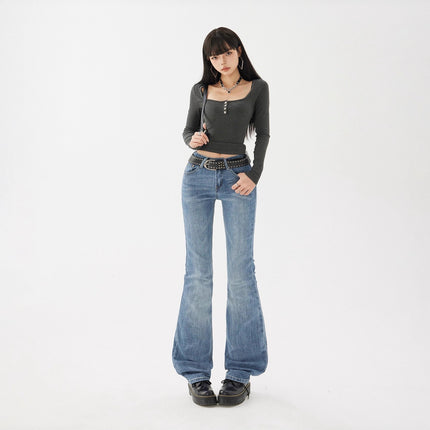 2025 American Retro Low-Waist Hot Girl Flared Pants Slim Fit Slightly Stretchy Jeans Women's New Style & Long Pants