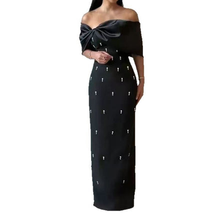 European and American Cross-border New Fashion Elegant Open-shoulder Light Luxury Nail Drill Elegant Elegant Bandage dress Evening Dress