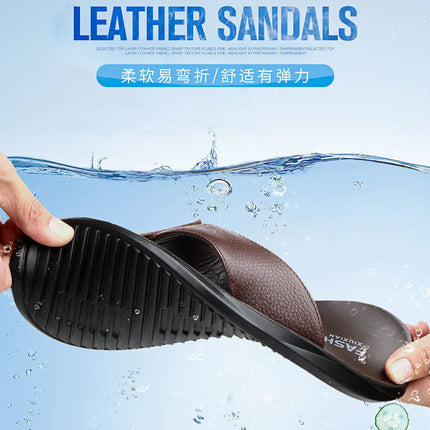 New first-layer leather flip-flops trendy men's shoes summer casual deodorant outdoor men's sandals and slippers a generation of hair