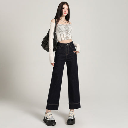Korean-style All-match Cropped Straight Jeans Women's 2025 Spring New High Waist Elastic Slimming Smoke Pipe and French Stick Pants