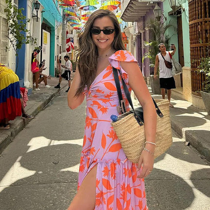 2024 European and American Swimwear New V-neck Ruffled Seaside Holiday Printed One-piece Swimsuit suit Women's Cross-border 25084