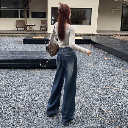 American Style Retro Dark Wide Leg Jeans Women's Autumn and Winter New Loose All-match Slim-fit Mop Pants