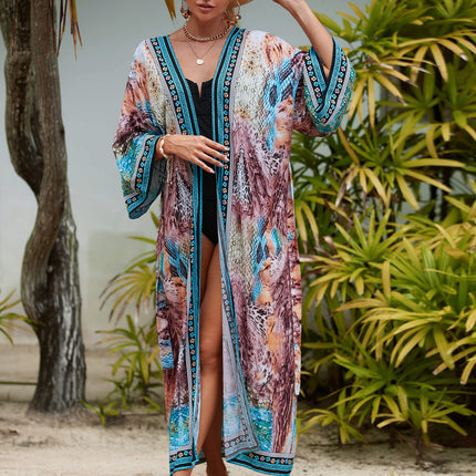 2023 New European and American Cotton Print Beach Jacket Sexy Sun Protection Cardigan Holiday Bikini Overshirt Women