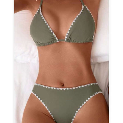 European and American Sexy Split Swimsuit Women's Triangle Cup Bikini Lace Decoration High Waist Bikini Swimsuit Set