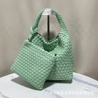Spring green + woven bag + leather shoulder strap