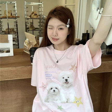 Sweet Cute Dog Printed Round Neck T-shirt Short-sleeved Women's 2025 Summer Korean Style Casual Pink Top