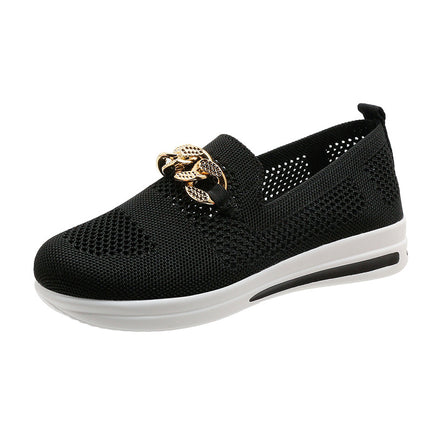 2024 spring and summer new foreign trade plus size women's shoes flying woven mesh surface hollow breathable shoes metal chain wedge casual shoes