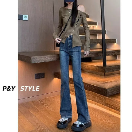 Blue Jeans Women's Small High Waist Slim-fit Slim Look Tall Micro-flared Pants Korean-style Stretch All-match Mop Pants