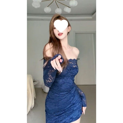 Korean Socialite One-Shoulder Lace Autumn and Winter Dress Women's New Autumn Slim Fit Slim Fit Hip Skirt