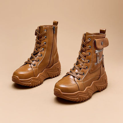 High-Top White Shoes 2025 Spring New Platform Thick-Soled Women's Shoes Versatile Leather Sports Shoes Fashionable Casual Short Boots