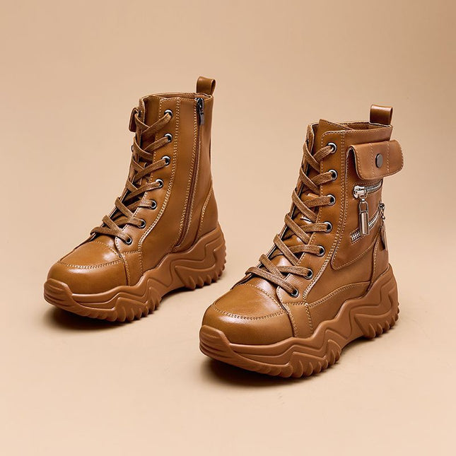 High-Top White Shoes 2025 Spring New Platform Thick-Soled Women's Shoes Versatile Leather Sports Shoes Fashionable Casual Short Boots