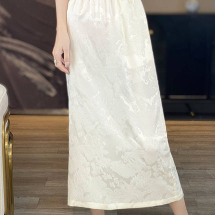 Skirt 2025 Summer New Women's Clothing Dark Flower High Waist Elegant Mid-length Skirt Slimming Satin Skirt