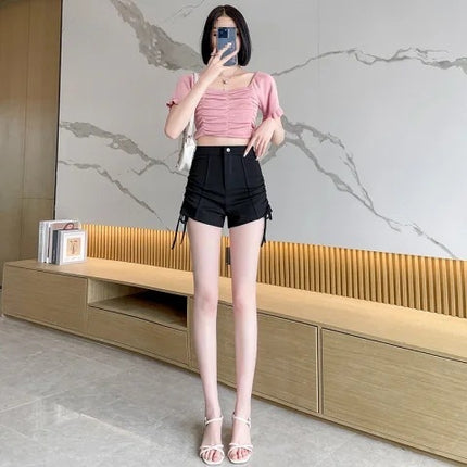 Summer High Waist Slimming Drawstring Casual Pants Hot Pants Hot Pants Hot Girl Shorts Women's Small Design Sense Niche Black Pants