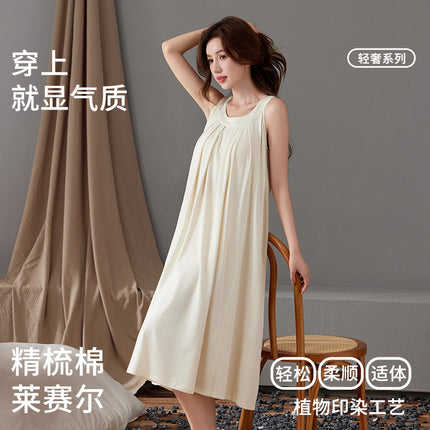 Sling Lyocell Cotton Cool Feeling Nightgown with Breast Pads for Women Summer Home Clothes Can Be Worn Outside Casual and Comfortable Summer Girls