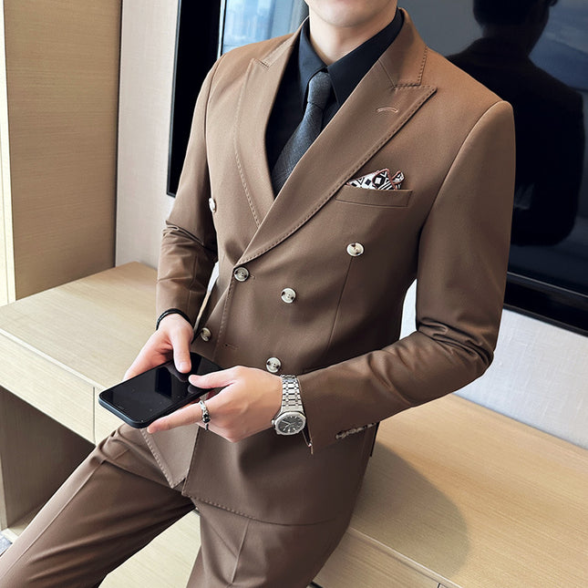 Suit suit Double-breasted Buckle Neck Suit Three-piece Fashionable Groom Pink Host Best Man Dress Men's Fashionable