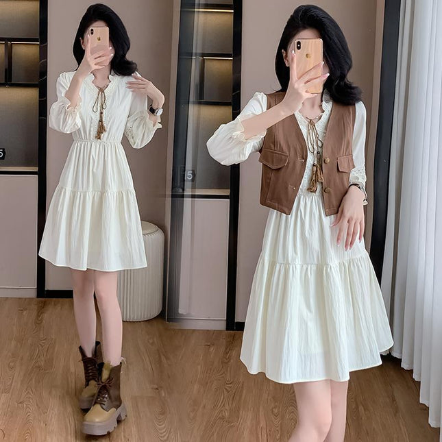 Real Shot of French-Style Elegant Fashion Suit Dress for Women, 2026 Autumn New Model, Vest and Chiffon Dress Two-Piece Set