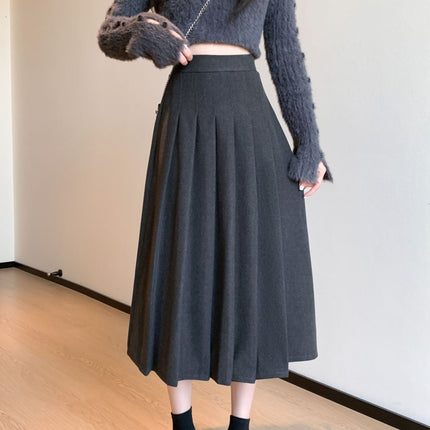 Women's Autumn and Winter New Thickened Woolen Pleated Skirt High Waist Slimming Loose plus size Elasto Mid-length Overskirt