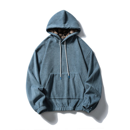 Black Fleet American Casual Style Unisex Versatile Hooded Warm Top Couple Style Hiking Fleece Solid Color Sweatshirt
