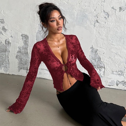 Sexy Hot Girl European and American Cross-Border Women's Solid Color Long Sleeve Lace Sheer Crop Top Fashion Sexy Nightclub Slim Fit Top