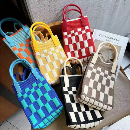 Mini Checkerboard Knitted Shoulder Crossbody Bag Handbag for Women Niche Design Phone Bag Phone Crossbody Handbag