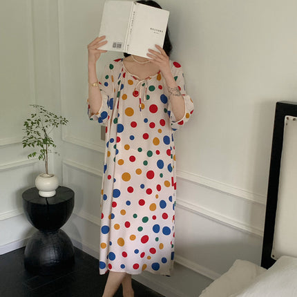 2026 New Cotton Silk Nightgown for Women, High-End Printed Short-Sleeved Long Dress, Large Size, Thin Style, Can Be Worn Outside as Loungewear