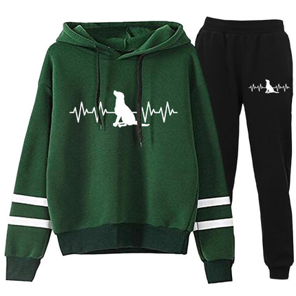 ECG Dog Print Parallel Bars Striped Hooded Sweat Pants suit Autumn and Winter European Code plus size Cross-border