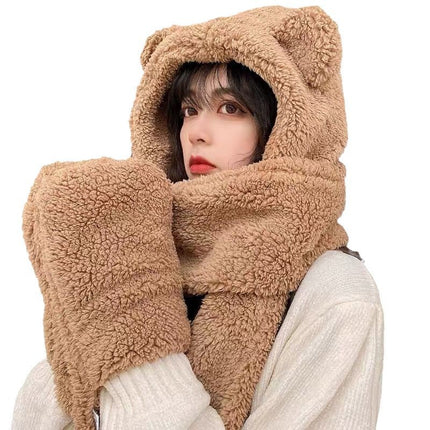 Autumn and Winter Ready-Made Bear Hat Scarf Integrated Gloves Plush Double-Layer Thickeneded Multi-Functional Ear Protection Outdoor Warm Hat
