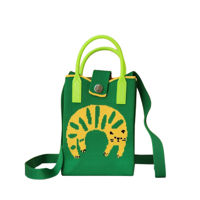 New Woven Simple Fashion Mobile Phone Bag Cute Cartoon Cat Knitted Bag Women's Small Square Bag Color Heart