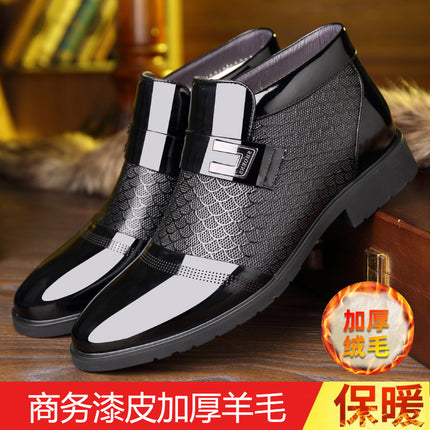 2023 Winter Thickened Warm Cotton Shoes Men's Lacquer High Top Men's Shoes fleece-lined Non-slip Business Dress Shoes Men's Men's Leather Shoes