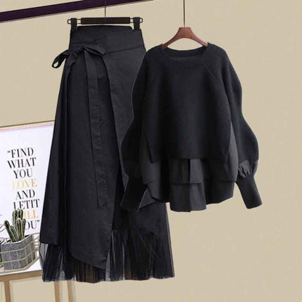 Autumn Outfit Set for Women 2025 New Fake Two-Piece Tops Slimming Design Versatile Skirt Two-Piece Set