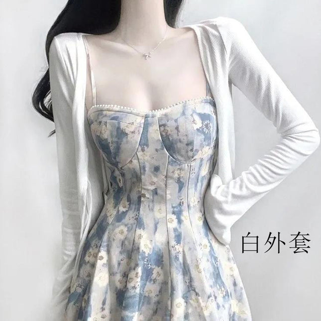 Tea Break French Pure Desire Blue Oil Painting Dress Women's Summer New Fairy Floral Waist Suspender Mid-Length Skirt