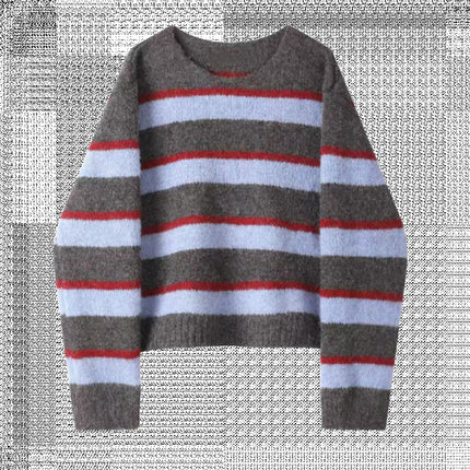 Retro Green Striped Design Thick Sweater Simple Women's Winter Lazy Loose Stylish Top