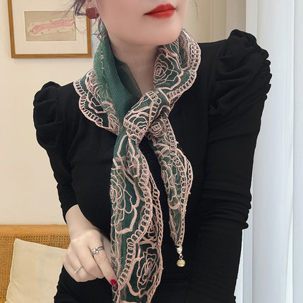 Spring and Summer Transparent Yarn Magnetic Buckle Turban Thin Embroidered Silk Scarf Women's Gift Scarf Mother Air Conditioning Shawl New Style