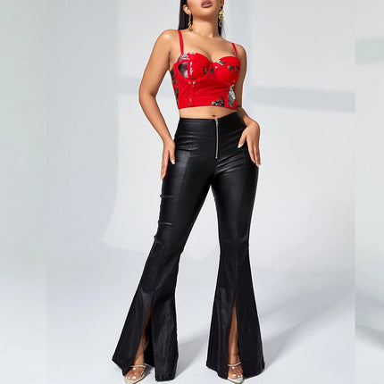 2025 Cross-Border Supply Women's Casual Leather Pants Pu Leather Slit Pants Amazon Wish Wholesale Supply Ready for Sale
