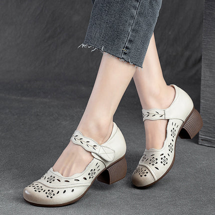 Shanghai Jie suddenly new first layer cowhide round toe brushed Velcro small low heel hole shoes retro style casual women's shoes