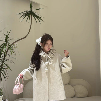 Autumn and Winter New Double-Sided Cashmere Outwear for Women, Small Hooded Drawstring Fur Ball Classy Double-Sided Wool Outwear for Women