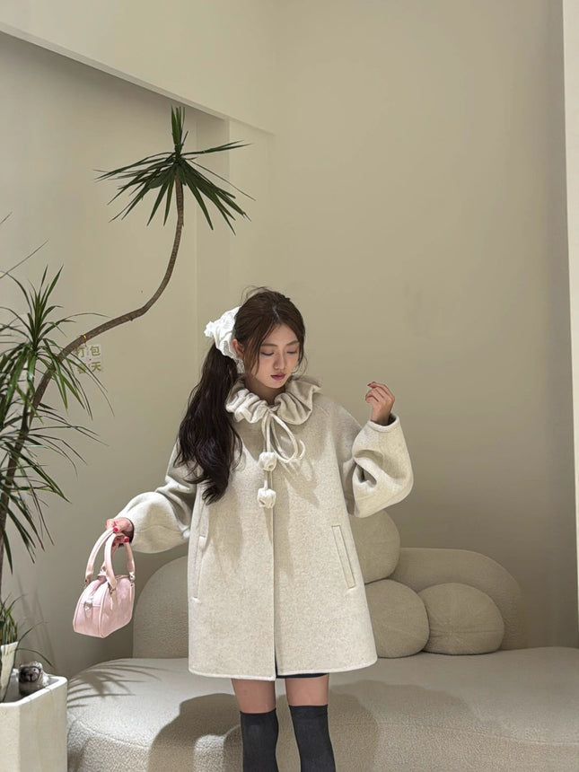 Autumn and Winter New Double-Sided Cashmere Outwear for Women, Small Hooded Drawstring Fur Ball Classy Double-Sided Wool Outwear for Women