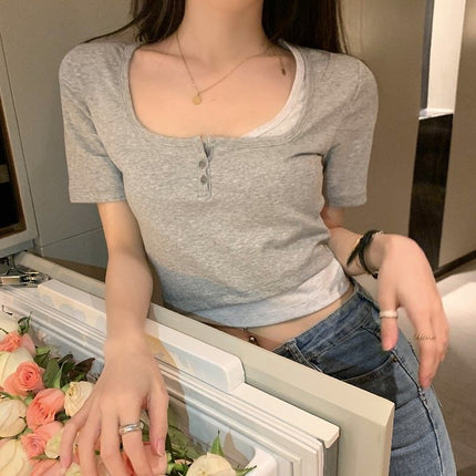 92 Rayon 8 Spandex Summer New Sexy Fake Two-Piece Short-Sleeved T-Shirt Women's Niche Slim Bm Short Crop Top