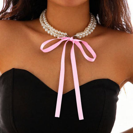 European and American Cross-border Jewelry Fashion Sense Bow Beaded Clavicle Chain DIY Lace Velvet Pearl Necklace Women