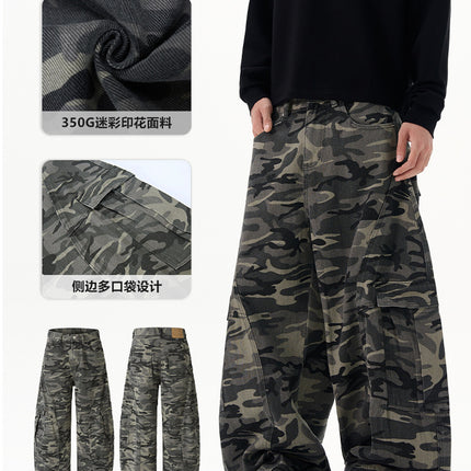 Lktm Men's American Design Multi-Pocket Scimitar Camouflage Cargo Pants Unisex Baggy Silhouette Floor-Length Trousers