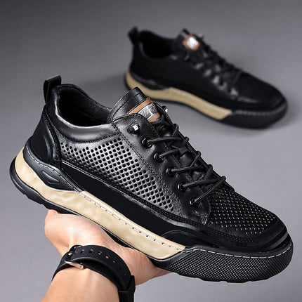 Men's Board Shoes Casual Leather Shoes Men's Summer Hollow Breathable Leather Sandals Real Cowhide sneaker Youth Shoes Black