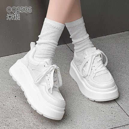 Mesh Sneakers for Women 2026 Summer New Casual Genuine Leather Thick-Soled Versatile Breathable Absorbent Sole White Shoes